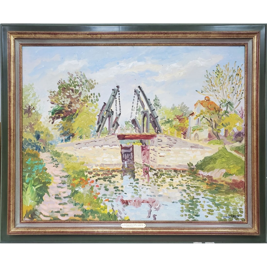 Georges Flanet, French (b.1937) Large Painting: Georges Flanet, French (b.1937) Large Impressionistic Painting Oil on Canvas "Le Pont Van Gogh A'Arles" Signed Lower Right. Also, Fully Described on The Verso & Dated April '94. Comes w/ Certificate o