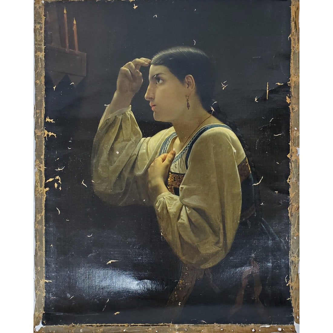 Antique 19th C. Russian Painting Oil on Canvas: Antique 19th C. Russian Painting Oil on Canvas "Praying at The Alter". Removed From Stretcher. Condition: Average w/ Losses. Dimensions: 34" x 27". Provenance: From a Private Lifetime Collection in Lo