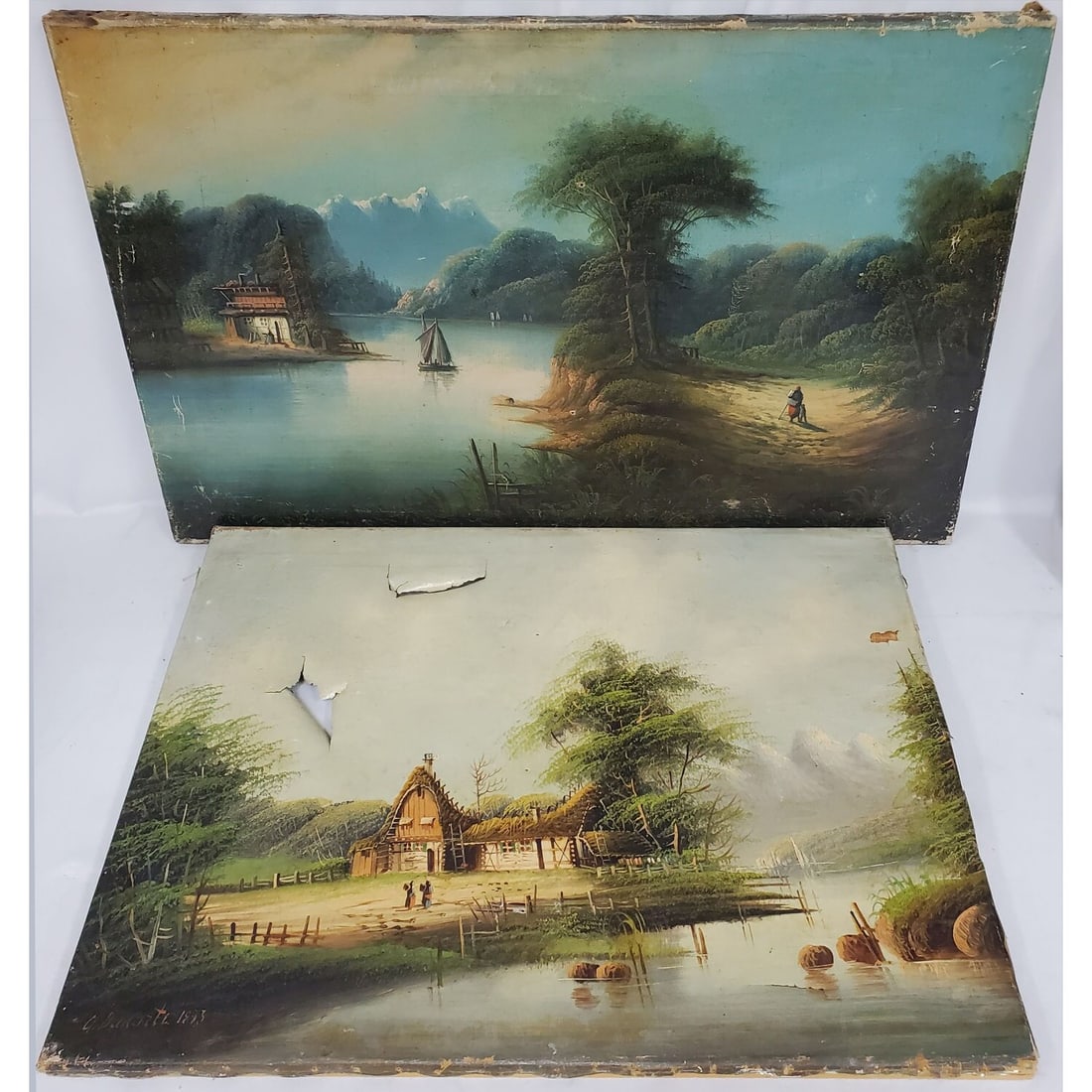 Lot of 2 Antique Signed Paintings Oil on Canvas: Lot of 2 Antique Signed Paintings Oil on Canvas. Condition: Poor w/ Paint Losses, Damages & Tears. Dimensions: Larger-33" x 21". Provenance: From a Long Island, NY Home. Please note the absence of a C