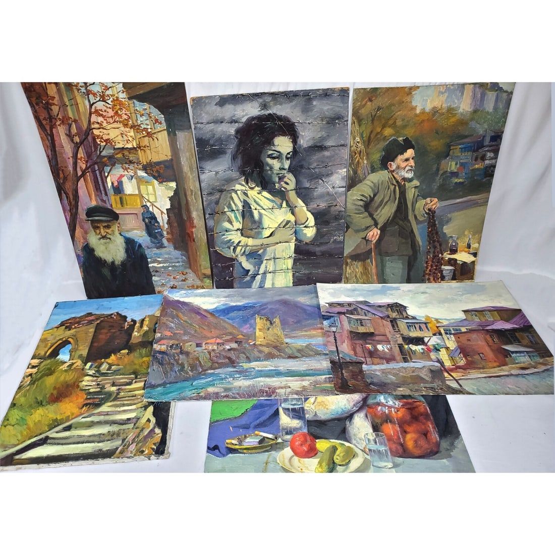 Lot of 7 Large Vintage Russian Oil Paintings: Lot of 7 Large Vintage Russian Oil Paintings. Unframed. Condition: Generally Good. As Found. Dimensions: Largest-31.5" x 19.75". Provenance: From a Long Island, NY Home. Please note the absence of a C