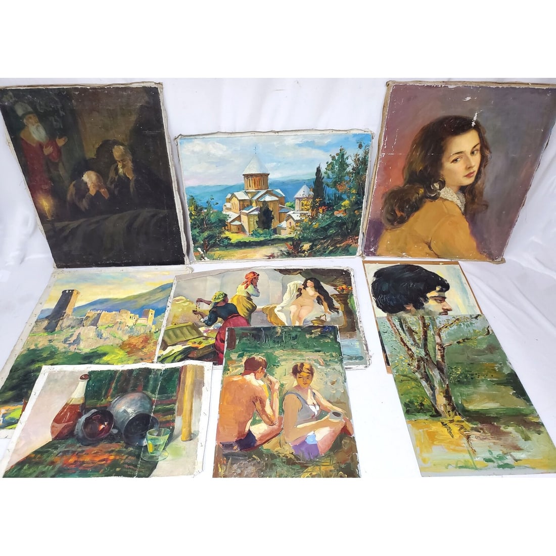 Lot of 9 Vintage Russian Oil Paintings: Lot of 9 Vintage Russian Oil Paintings. Unframed. Condition: Generally Good. As Found. Dimensions: Largest-24" x 20". Provenance: From a Long Island, NY Home. Please note the absence of a Condition Re