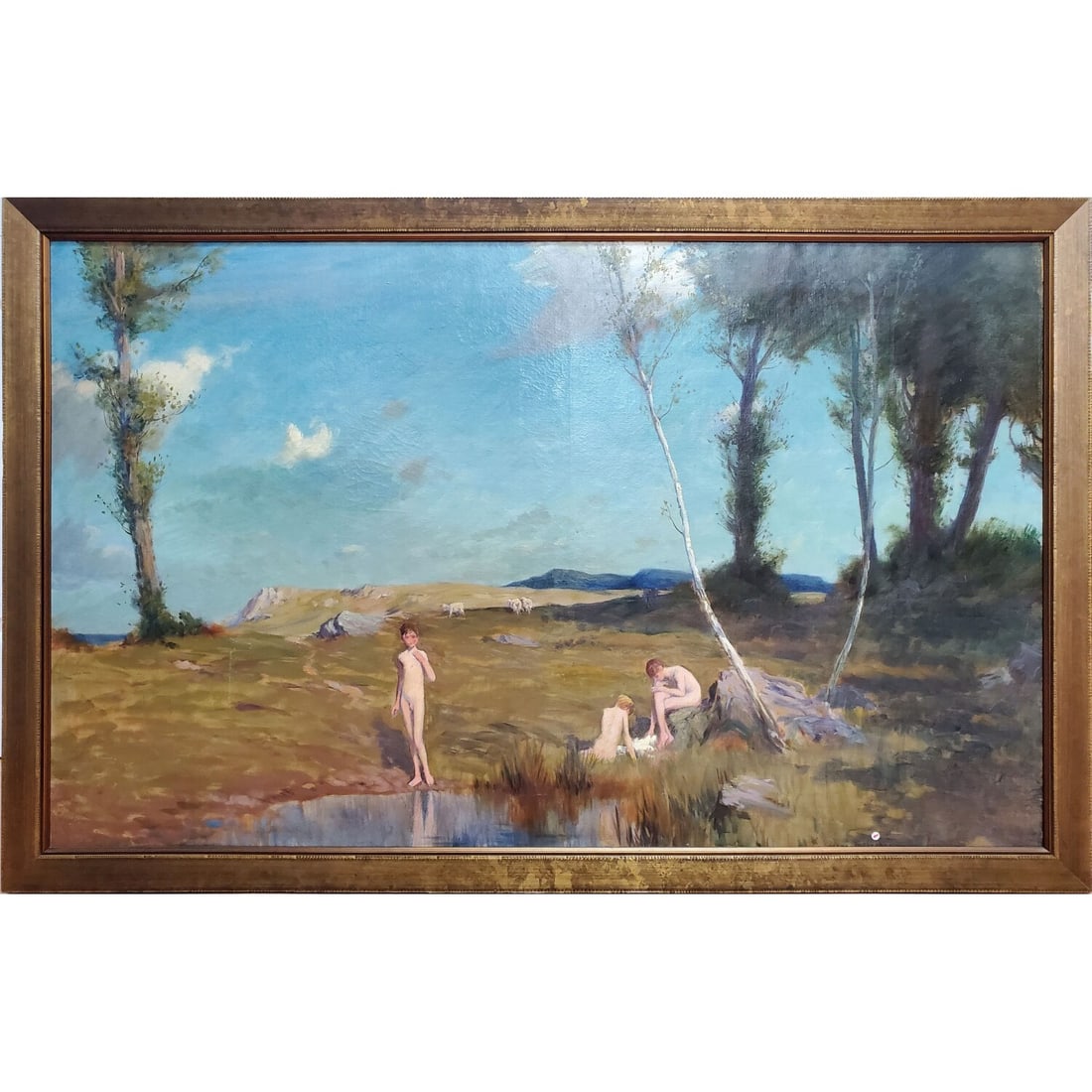 George Wetherbee, American (1851-1920) Painting: George Faulkner Wetherbee, American (1851-1920) Large Painting Oil on Canvas "Boys Bathing in a Pond". Signed Lower Right. Framed. Condition: Relined. Dimensions: Sight-50" x 31". Frame-53.5" x 34". P