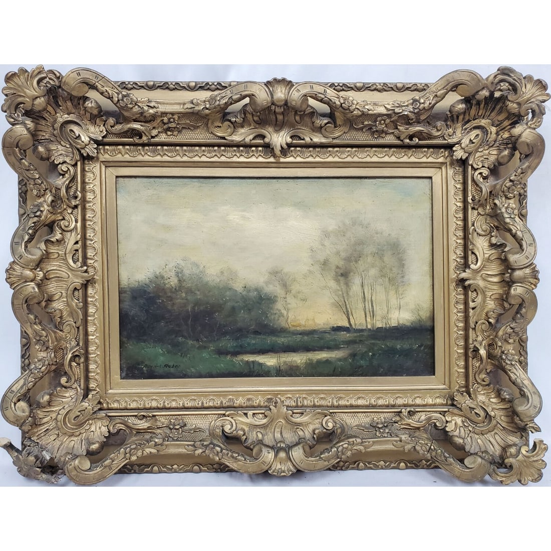 Dedrick Stuber, American (1878-1954) Oil Painting: Dedrick Brandes Stuber, American (1878-1954) Painting Oil on Canvas "Meadow". Signed Lower Left. In Original Frame. Condition: Generally Good w/ Craquelure. Dimensions: Sight-12" x 8". Frame-18.75" x 