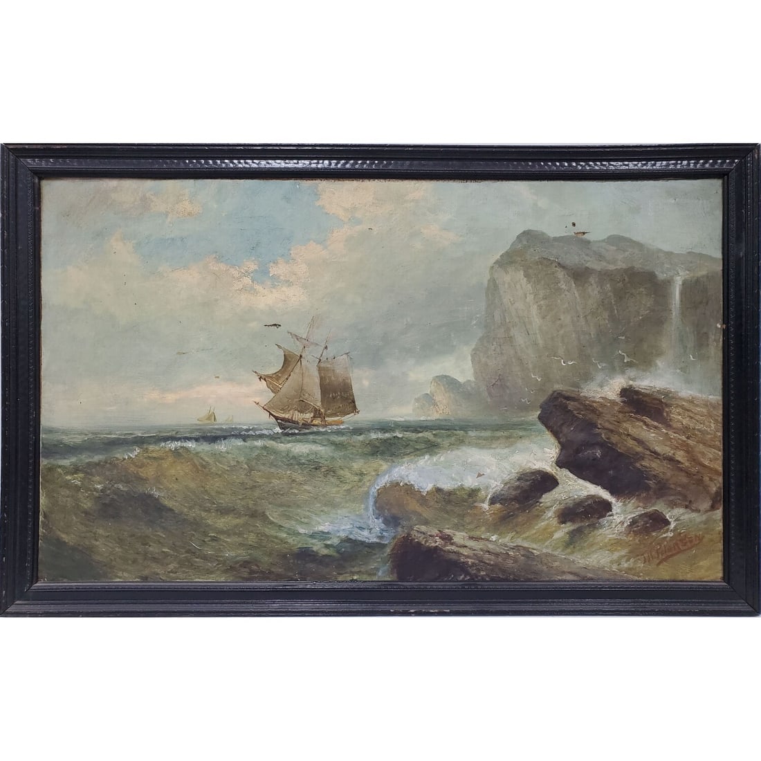 Thomas Petersen, Norwegian/American (1861-1926): Thomas Petersen, Norwegian/American (1861-1926) Painting Oil on Canvas "Seascape". Signed Lower Right. In Original Frame. Condition: Areas w/ Repairs & Also Areas w/ Minor Paint Loss. Dimensions: Sigh