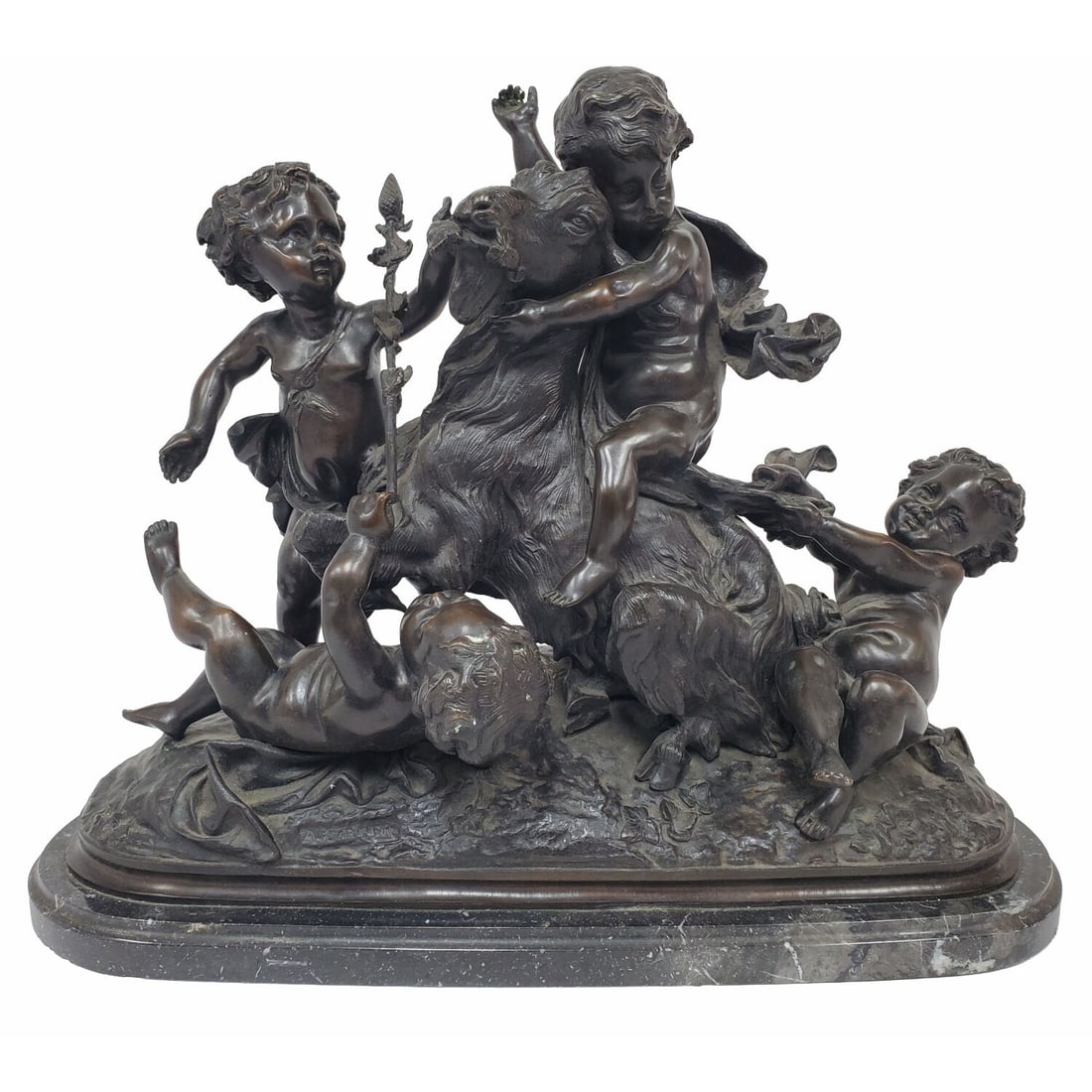 After Carrier-Belleause, French (1824-1887) Bronze: After Albert -Ernest Carrier-Belleuse, French (1824-1887) Large Bronze Sculpture "Children Playing w/ a Goat". Fully Signed. On Marble Base. Please Note This Item Weighs Approximately 70lbs. Condition