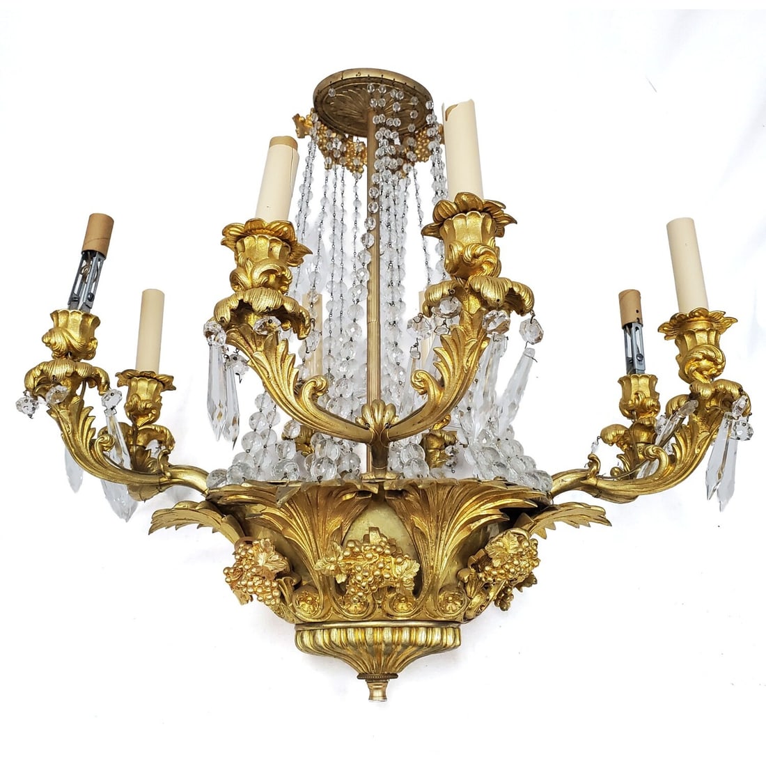 Antique French Empire Ormolu & Crystal Chandlier: Antique French Empire Style Ormolu & Crystal 8-Light Chandelier c.19th C.Condition: Generally Good. Some Sleeves Are Either Damaged or Broken. May Be Missing Some Crystals. Some Pieces Are Detached Bu