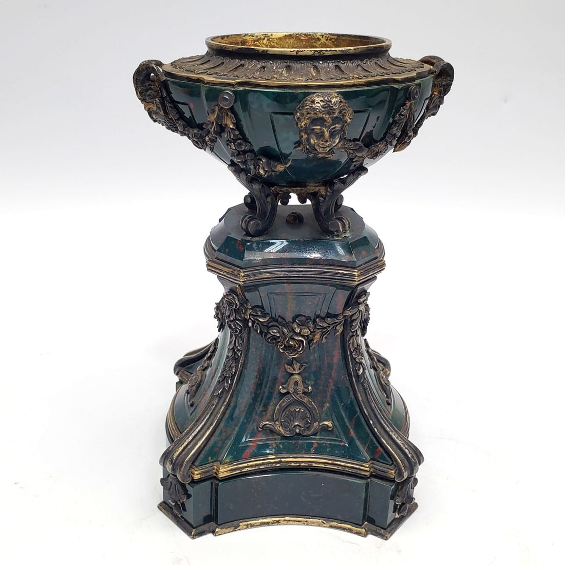 French 19th C. Silver Mounted Green Marble Urn: French Very Fine Silver Mounted Unusual Green Marble Blood Stone Urn c.19th C. Depicting Satyrs, Woman Faces & Garland of Flowers. Condition: Excellent. Dimensions: H-6.25" x L-4" x D-3". Provenance: 
