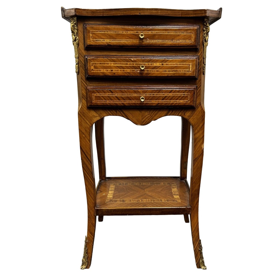 Louis XV Style Side Table "Chiffonnier": Louis XV Style Side Table "Chiffonnier" w/ Bronze Mounts. With 3 Drawers & Parquetry. Condition: Generally Good w/ Minor Scratches & Losses. Dimensions: H- 30" x L- 16" x D- 11.5". Provenance: From a 