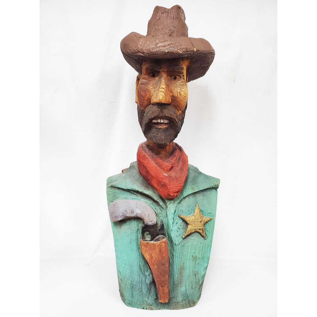 Folk Art Carved Wood & Hand Painted Sculpture: Monumental Vintage Folk Art Carved Wood & Hand Painted Sculpture "Ranger". Originally Purchased From a Shop in North Carolina. Apparently Unsigned. Condition: Generally Good w/ Natural Separations of 