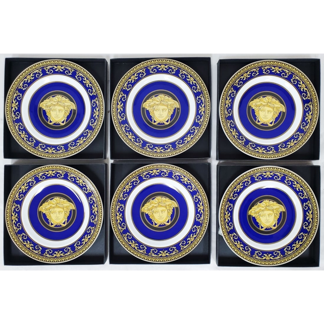 6 Versace Rosenthal "Medusa Blue" Dessert Plates: Lot of 6 Versace Rosenthal Porcelain "Medusa Blue" Dessert Plates In Original Fitted Boxes. Brand New, Never Used. Fully Marked. Comes w/ COA. Condition: Excellent. Dimensions: 7.25 Box L- 7.5" x W- 7