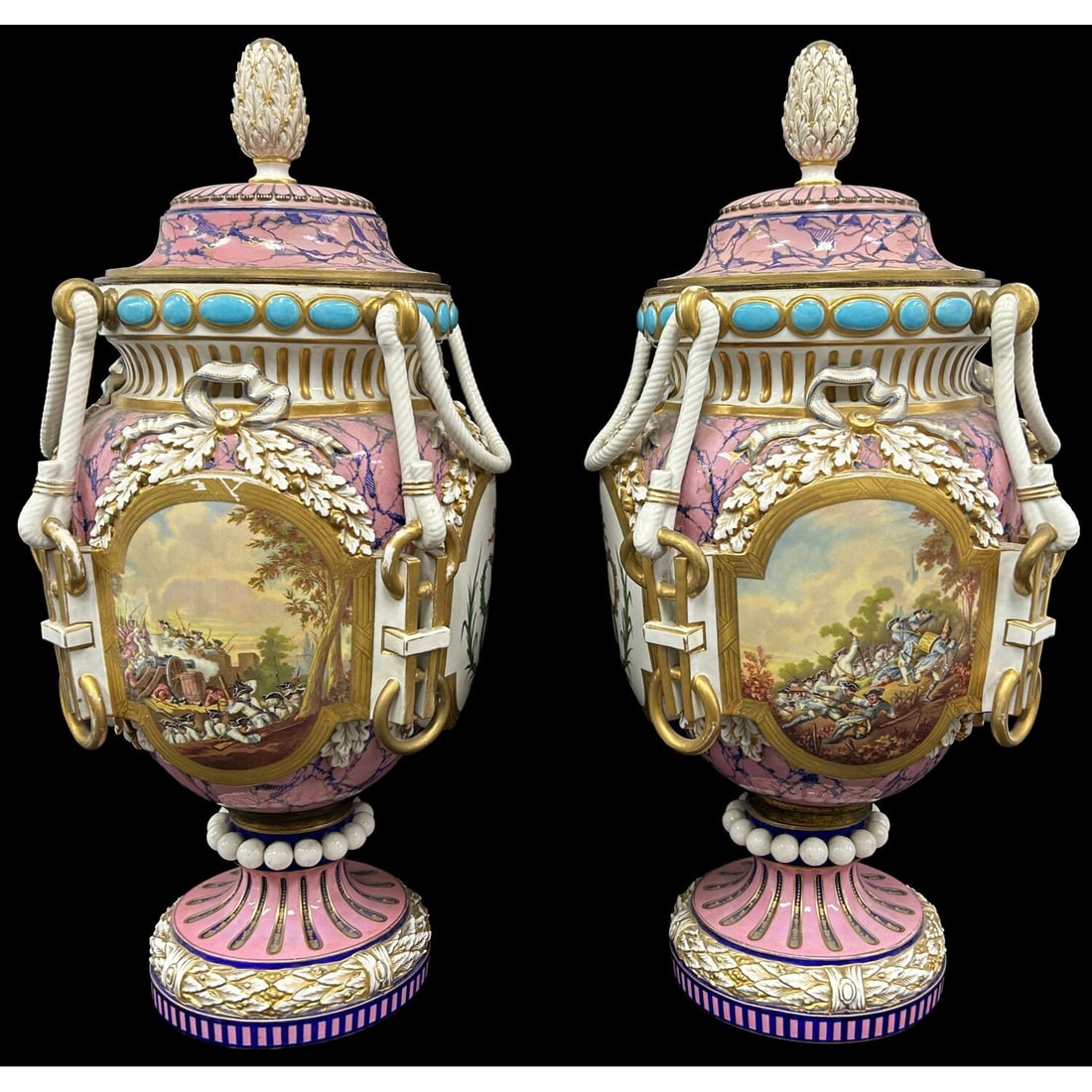 Antique Large French Sevres Style Porcelain Urns: Antique Pair of Large French Sevres Style Porcelain Covered Urns w/ Marbelized Pink & Blue Background & Extremely Detailed Hand Painted Decorations Circa Mid-19th C. Condition: Generally Very Good. Th