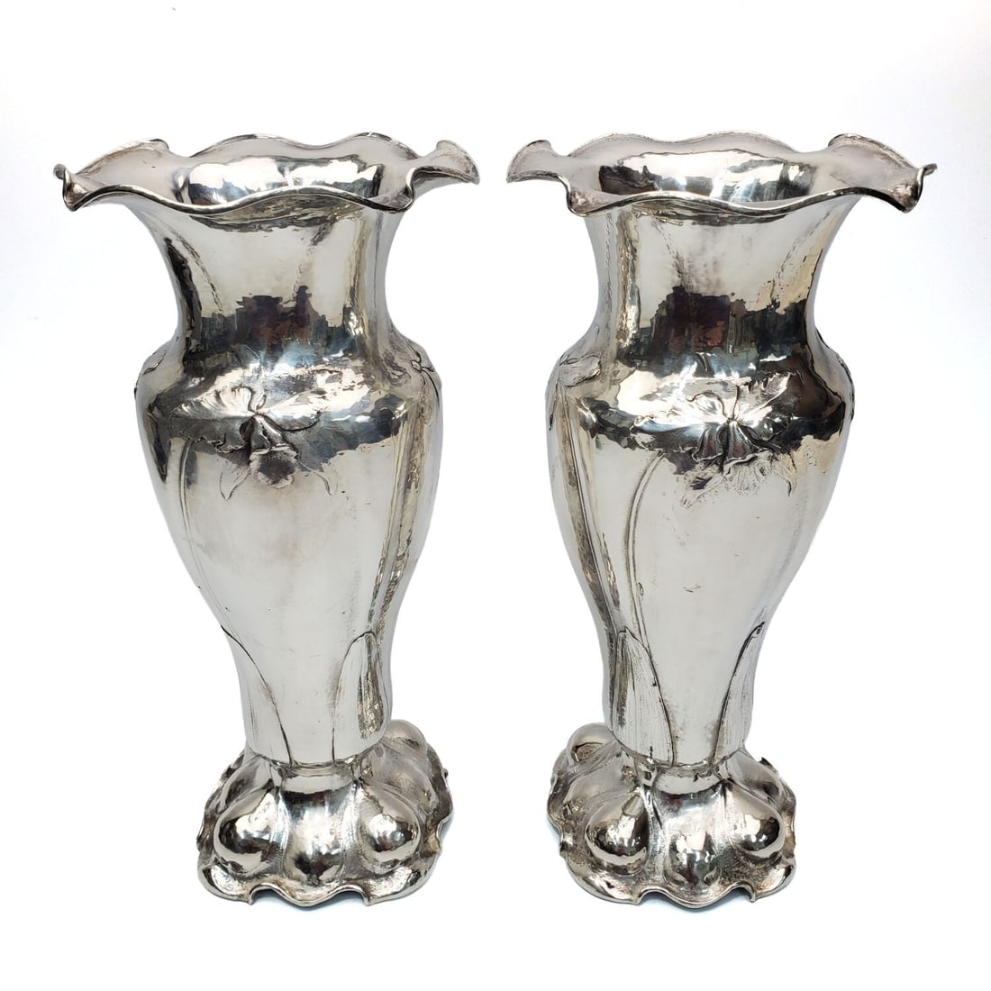 Gorham "Martele" Sterling Silver Art Nouveau Vases: Exceptional Pair of Gorham "Martele" Sterling Silver Art Nouveau Vases. Fully Marked w/ Decorations of Flowers. Condition: Excellent. Dimensions: H- 10.5". Gross Weight: 56ozt / 1743.6g. Provenance: F