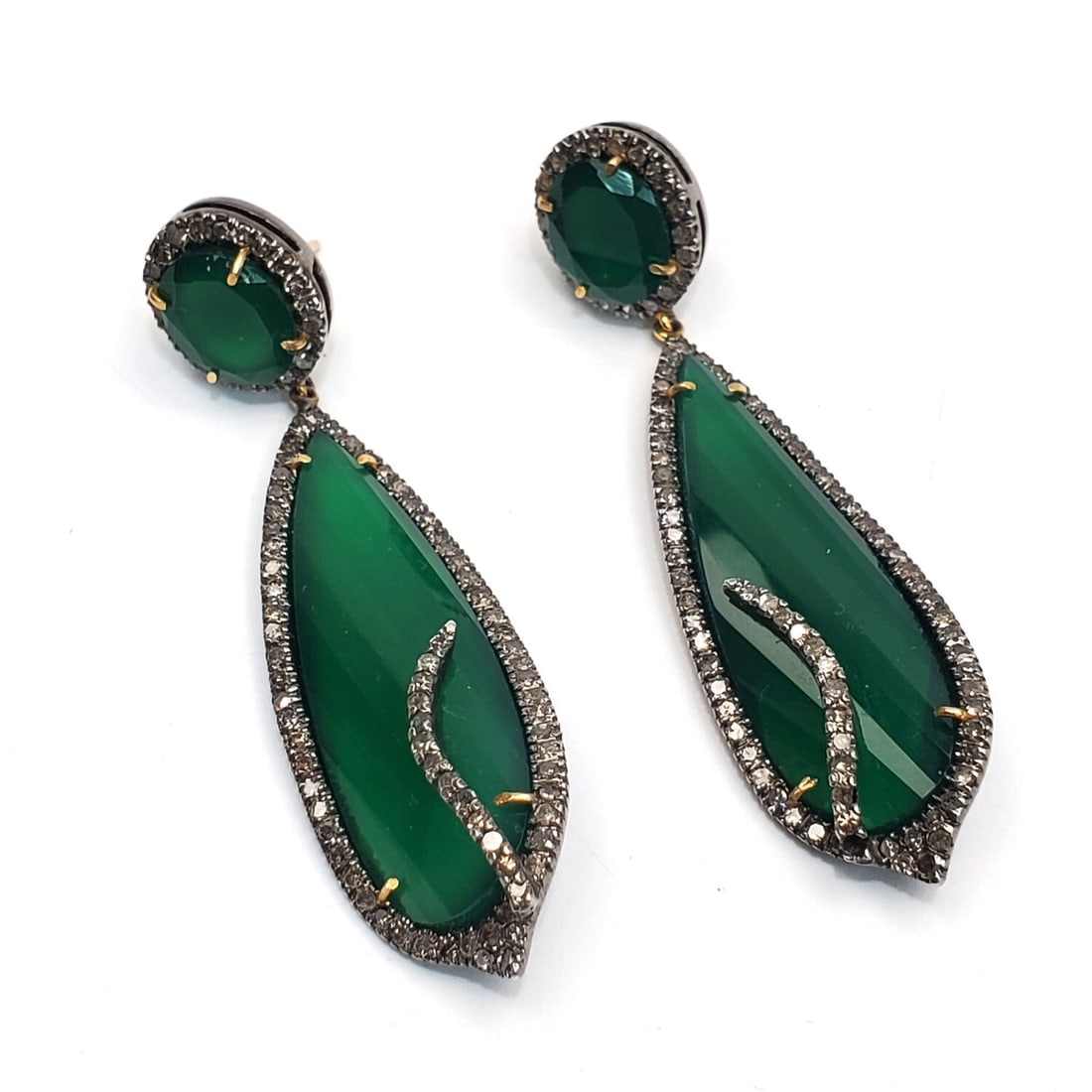Unusual of Silver, Diamonds & Green Onyx Earrings: Unusual Pair of Silver, Diamonds & Green Onyx Large Drop Earrings. Please Note- Due to Recent Fraudulent Activity, All Jewelry Items Purchased by New Customers Cannot Be Shipped Out Until 3 Weeks Afte