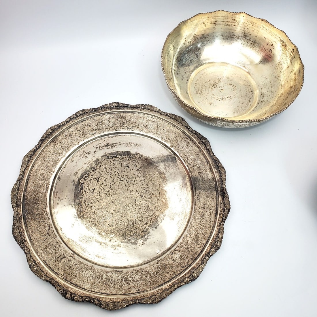 Persian 84 Silver Signed Large Bowl & Tray: Persian 84 Silver Signed Large Bowl & Tray. Fully Hallmarked. Condition: Generally Very Good. Tarnished. Dimensions: Bowl-10.5" x H-3.75". Tray-Dia-14.5". Gross Weight: 1,898g/61ozt. Provenance: From 
