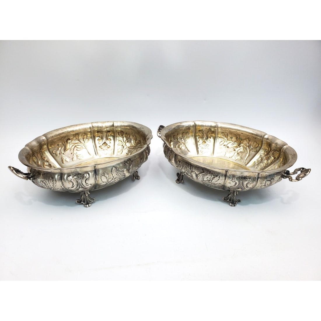 Austrian Silver Footed Bowls Schwarz & Steiner: Fine Antique Pair of Austrian Silver Footed Bowls By Schwarz & Steiner, Vienna. Circa 1872-1922. Fully Marked In Various Places w/ Diana's Head/ Masters Mark. The Body Has Relief Decorations of Birds 