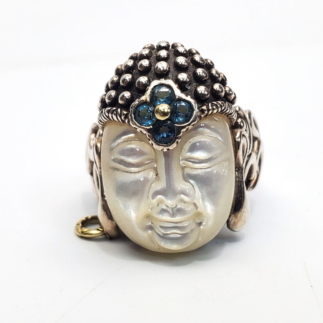 Barbara Bixsby Sterling Silver & 18K Buddha Ring: Barbara Bixsby Sterling Silver & 18K Gold Buddha Ring w/ Carved Mother of Pearl Face & Topaz Stones. Fully Marked. Please Note- Due to Recent Fraudulent Activity, All Jewelry Items Purchased by New Cu