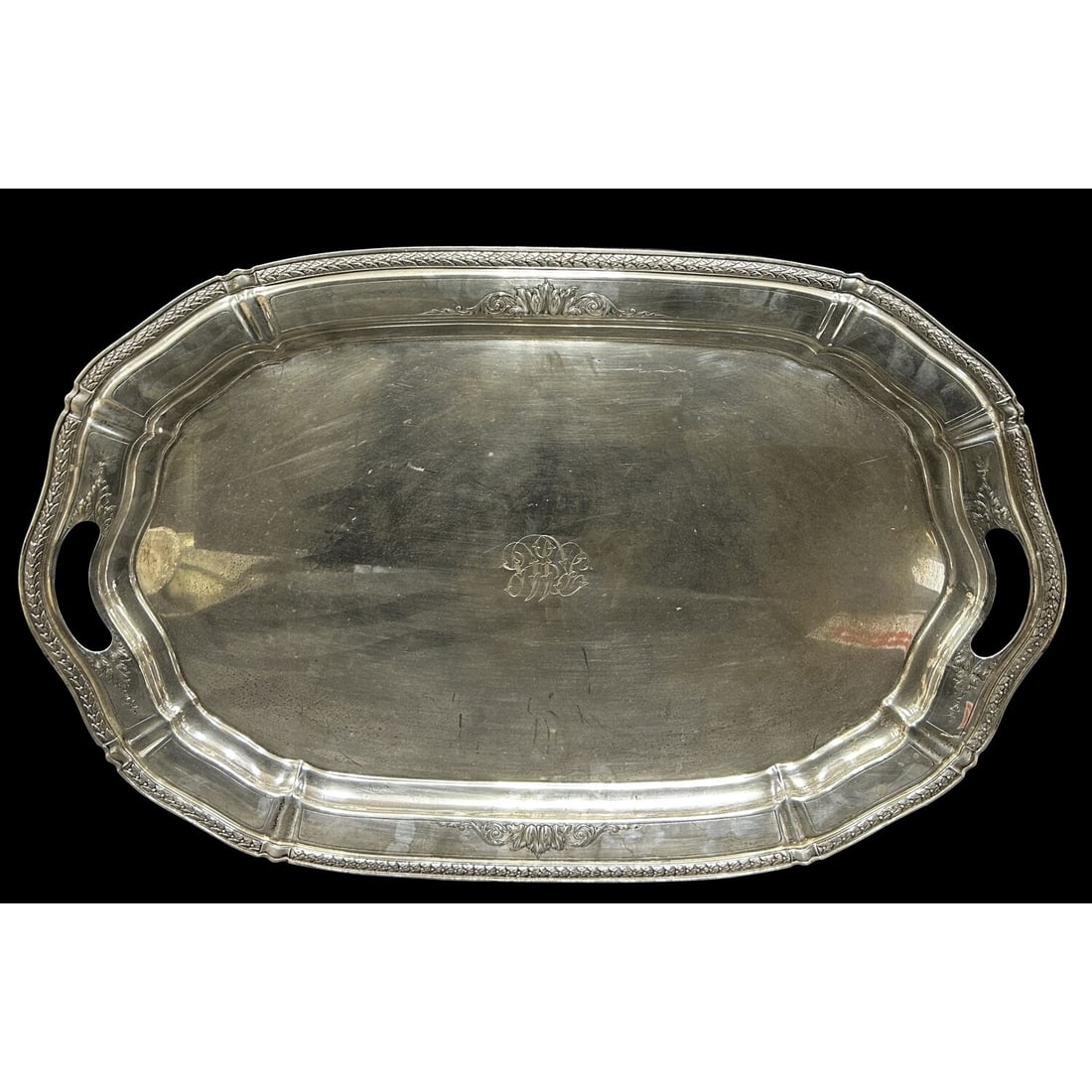 Antique Sterling Silver Monogrammed Handled Tray: Antique Large Sterling Silver Handled Serving Tray. Fully Marked. Condition: Generally Very Good w/ Very Minor Scratches Due to Age & Use. Monogrammed.Dimensions: Handle to Handle L-26.25" x W-17.75".