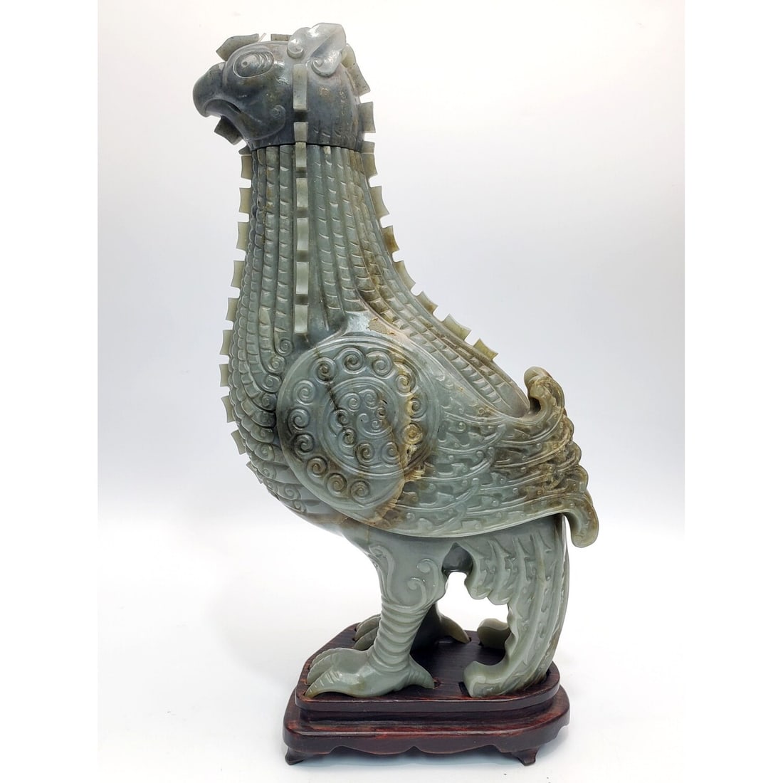 Chinese Old Carved Jade Ritual Wine Zun Vessel: Rare Chinese Old Carved Jade Ritual Wine Zun Vessel In The Shape of a Bird on Original Wood Base. Condition: Excellent. Dimensions: Jade Alone-H-11.8" x W-7.5". Base-L-5.6" x W-3.5" x H-1.3". Provenan