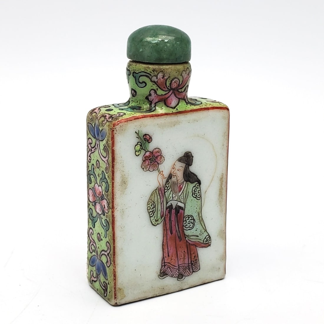 Chinese Antique Qing Dynasty Porcelain Snuff: Chinese Antique Qing Dynasty Porcelain Signed Snuff Bottle w/ Jade Stopper. Condition: Generally Very Good. Dimensions: H-2.25". Provenance: From a Private Collection of a Diplomat. Please note the ab
