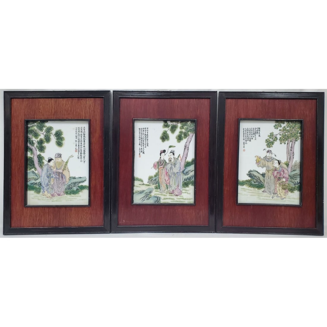 Chinese Set of 3 Signed Porcelain Framed Plaques (1 of 5)