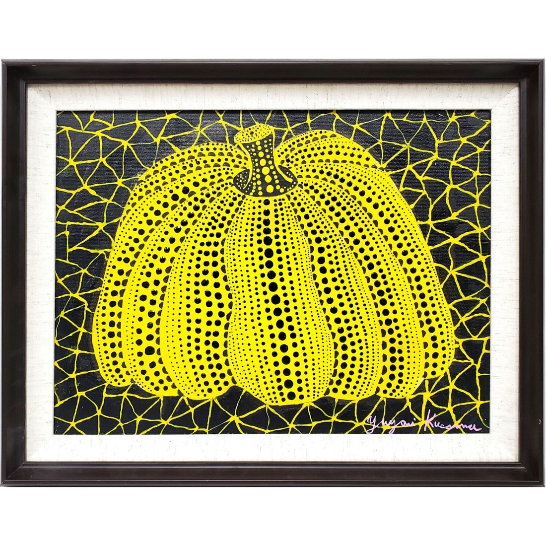 Signed Yayoi Kusama, Acrylic Oil on Canvas: Signed Yayoi Kusama, Acrylic Oil on Canvas "Yellow Pumpkin". Signed Lower Right. Although It Comes w/ a Certificate, We Cannot Guarantee The Authenticity. In Original Frame. Condition: Excellent. Dime
