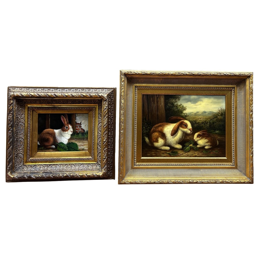 2 Vintage Signed Paintings Oil on Canvas"Rabbits": Lot of 2 Vintage Signed Paintings Oil on Canvas "Rabbits". Both In Beautiful Original Frames. Condition: Excellent. Dimensions: Larger Sight: 15.25" x 11.25". Frame: 23.75" x 19.75". Provenance: From 