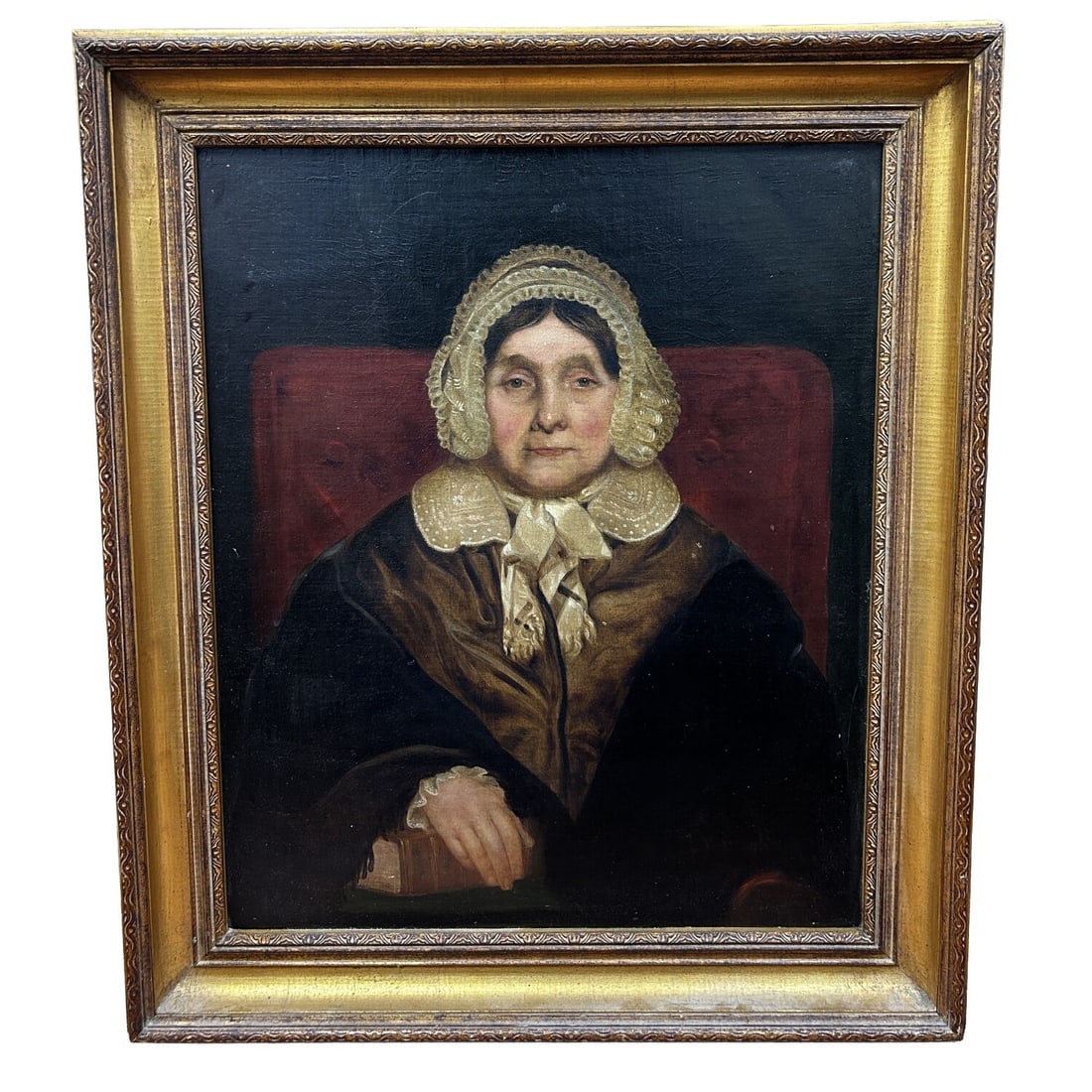 Large Antique Painting Oil on Canvas: Large Antique Painting Oil on Canvas "Lady in Lace Bonnet" Described On The Verso. Painted By "Thos. Kirby" & Dated 1847. In Original Frame. Condition: Generally Good w/ Craquelure Due to Age. Dimensi
