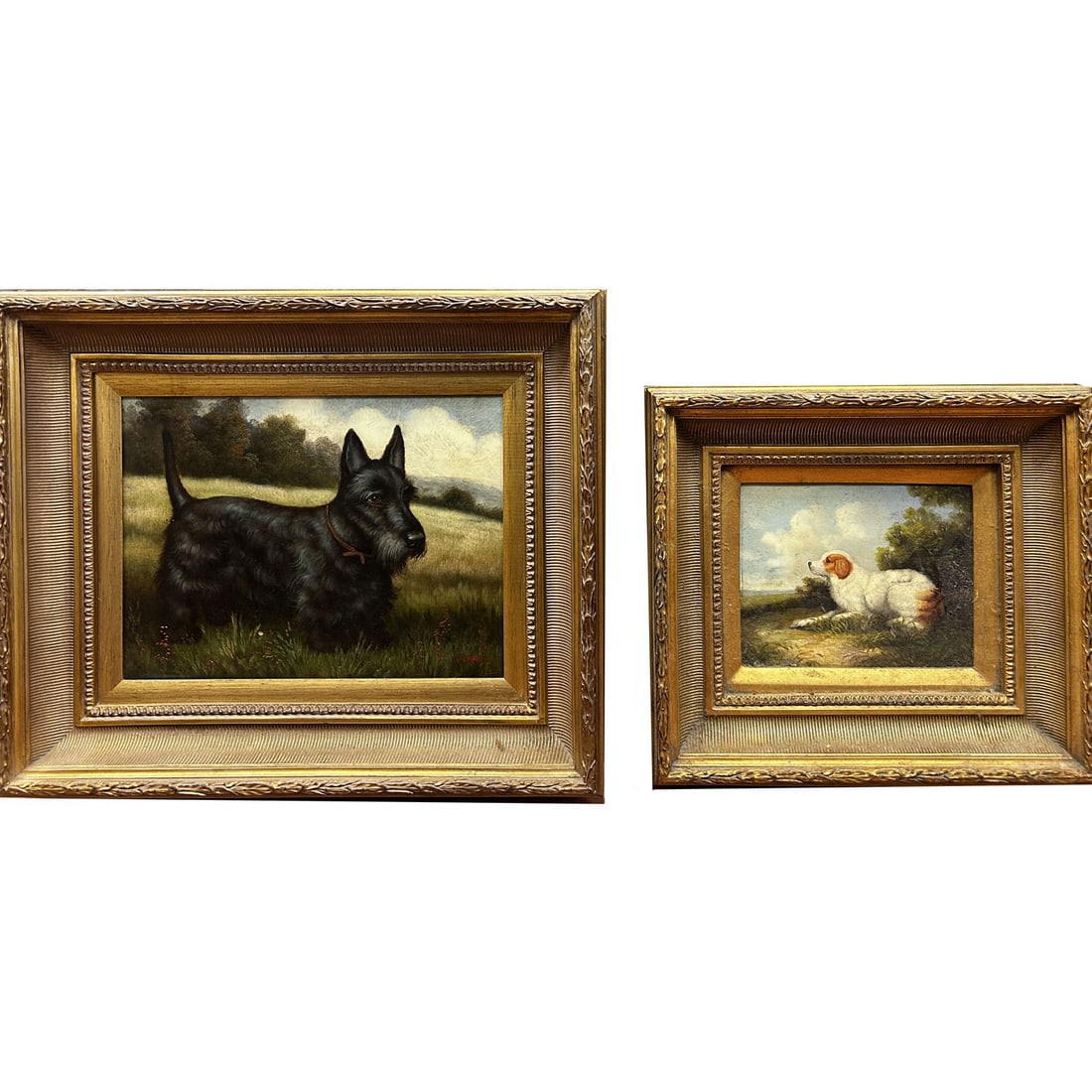 2 Signed Paintings Oil on Canvas "Dogs in a Field": Lot of 2 Vintage Signed Paintings Oil on Canvas "Dogs in a Field". Both In Beautiful Original Frames. Condition: Generally Very Good.Dimensions: Larger Sight: 16" x 12". Frame: 24" x 20". Provenance: 