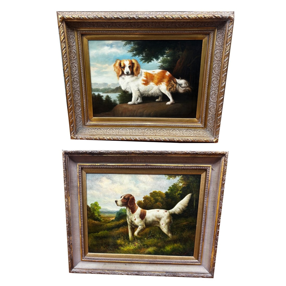 2 Signed Paintings Oil on Canvas "Dogs in a Field": Lot of 2 Signed Vintage Paintings Oil on Canvas "Dogs in a Field". Both In Beautiful Original Frames. Condition: Generally Very Good. Dimensions: Larger Sight: 24" x 18". Frame: 33.6" x 27.4". Provena