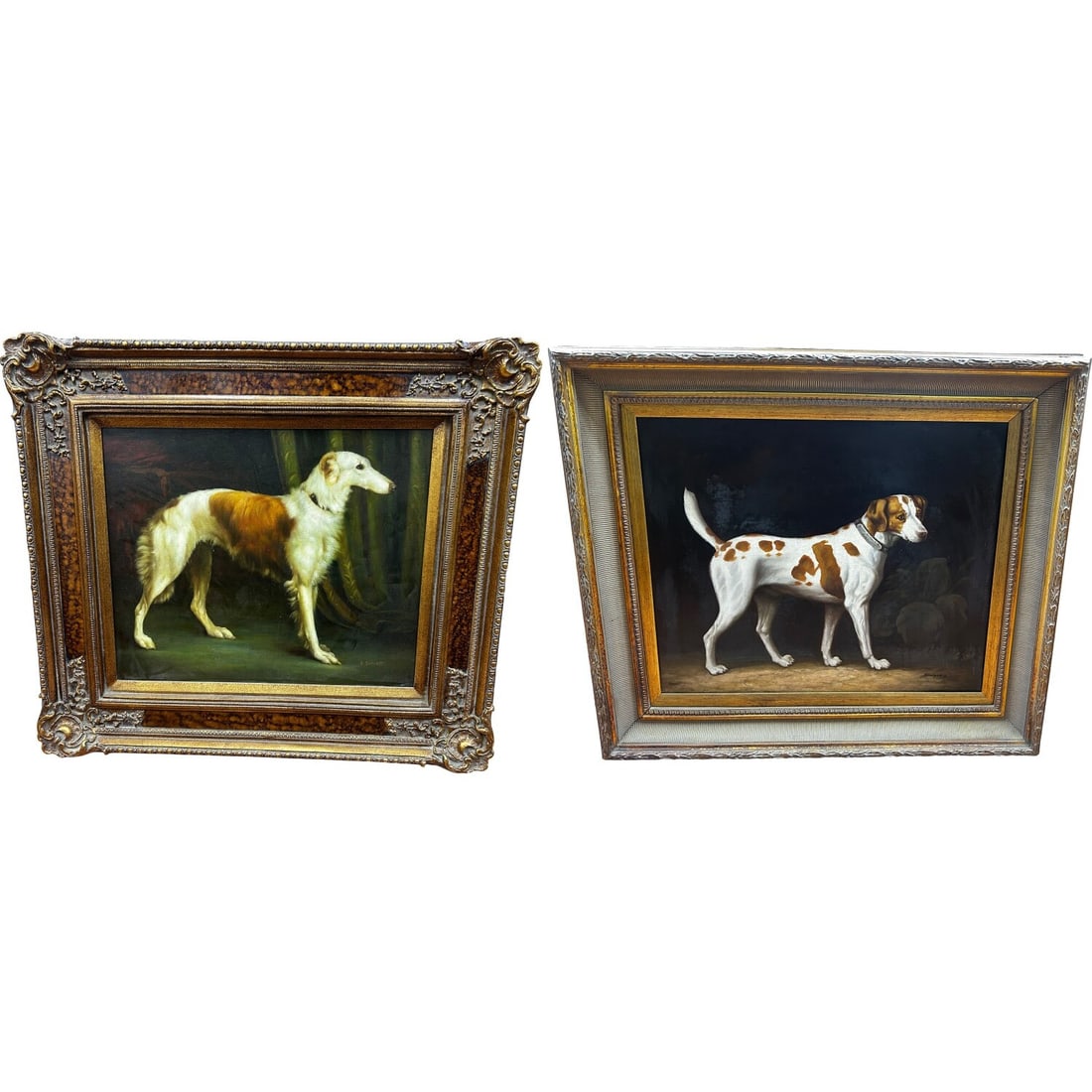2 Signed Paintings Oil on Canvas "Dogs at Night": Lot of 2 Signed Vintage Paintings Oil on Canvas "Dogs at Night". Both In Beautiful Original Frames. Condition: Excellent. Dimensions: Larger Sight: 24" x 20". Frame: 34.75" x 30.75". Provenance: From 