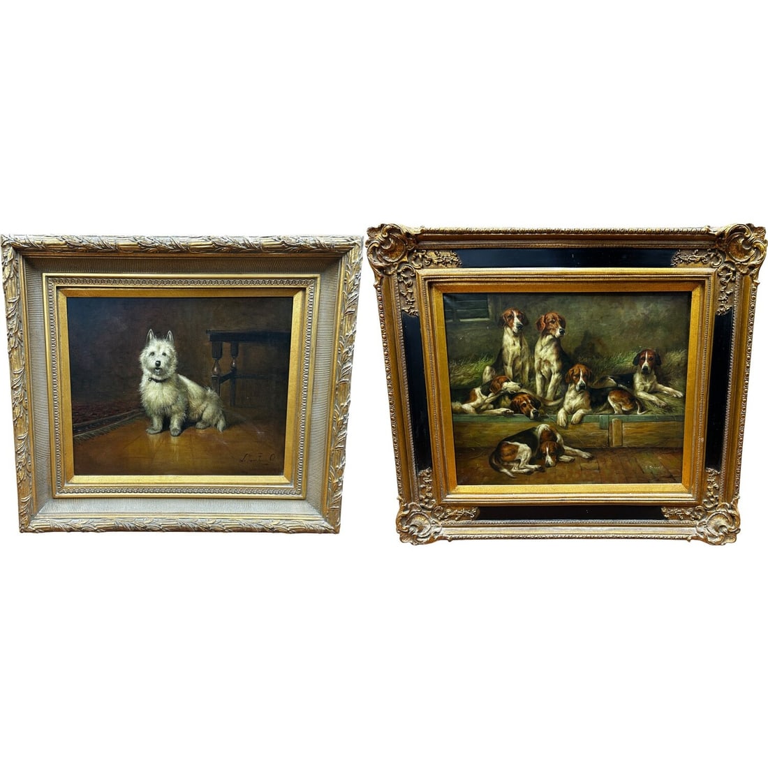 Lot of 2 Signed Paintings Oil on Canvas "Dogs": Lot of 2 Signed Vintage Paintings Oil on Canvas "Dogs". Both In Beautiful Original Frames. Condition: Generally Very Good. Dimensions: Larger Sight: 24" x 20". Frame: 35" x 31". Provenance: From a Lon