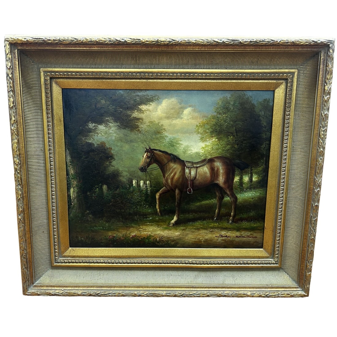 John Stanford, American (20/21st Century) Painting: John Stanford, American (20/21st Century) Signed Painting Oil on Canvas "Horse in a Field". Signed Lower Right. In Original Beautiful Frame. Condition: Excellent. Dimensions: Sight: 19.25" x 15.25". F