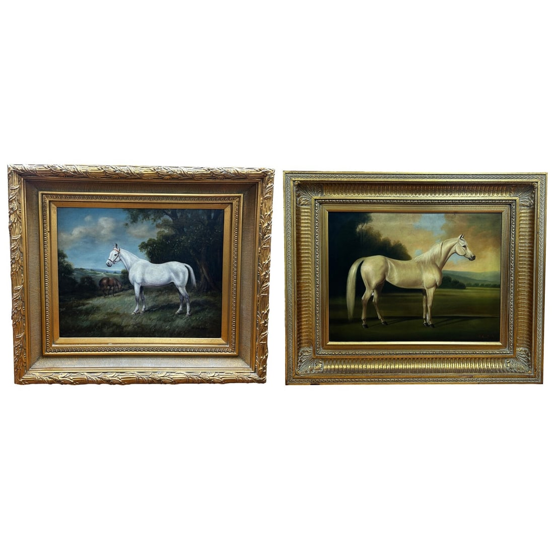 2 Vintage Signed Paintings Oil on Canvas "Horses": Lot of 2 Vintage Signed Paintings Oil on Canvas "Horses". Both In Original Beautiful Frames. Condition: Generally Very Good. Dimensions: Larger Sight: 24" x 20". Frame: 35" x 31". Provenance: From a L