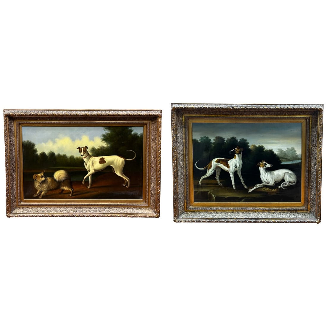 2 Signed Large Paintings Oil on Canvas "Dogs": Lot of 2 Vintage Signed Large Paintings Oil on Canvas "Dogs Outside". Both In Original Beautiful Frames. Condition: Generally Very Good.Dimensions: Larger Sight: 36" x 24". Frame: 44.5" x 33". Provena