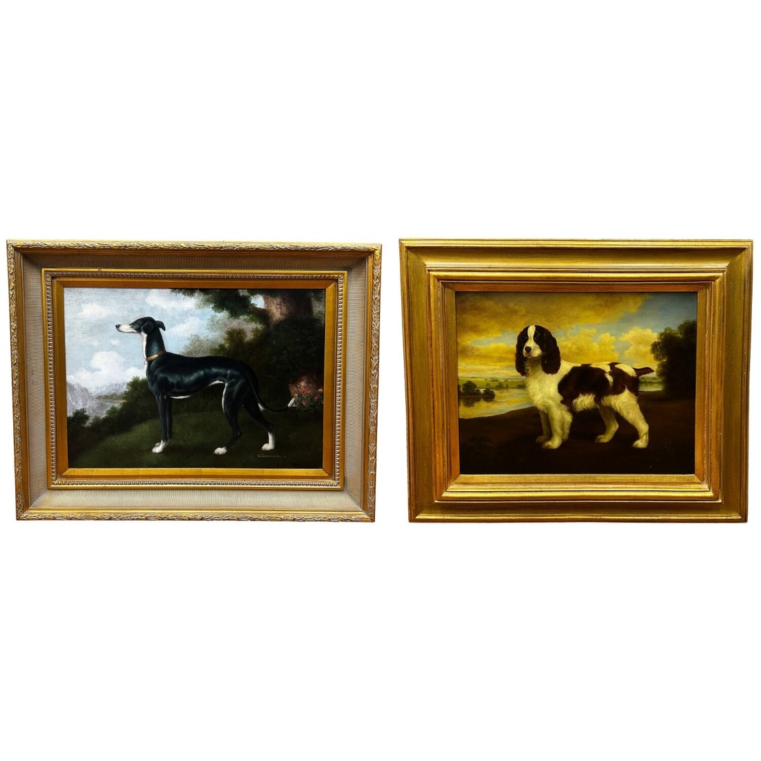 2 Signed Large Paintings Oil on Canvas "Dogs": Lot of 2 Vintage Signed Large Paintings Oil on Canvas "Dogs Outside". Both In Original Beautiful Frames. Condition: Generally Very Good.Dimensions: Larger Sight: 24" x 20.5". Frame: 35" x 30.5". Prove