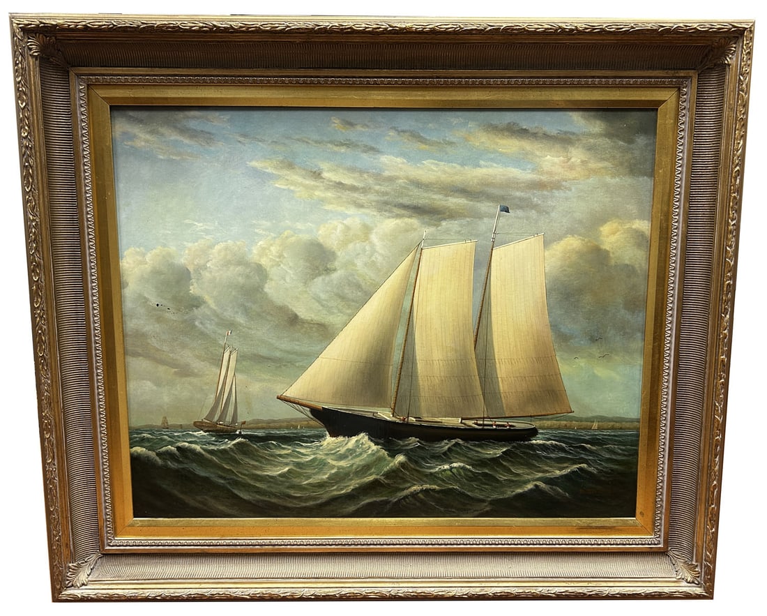 Vintage Signed Panting Oil on Canvas: Vintage Signed Panting Oil on Canvas "Nautical Marina Scene of Schooner". Signed Lower Right. In Original Frame. Condition: Excellent. Dimensions: Sight W- 30" x H- 24" Frame W- 38" x H- 32". Provenan