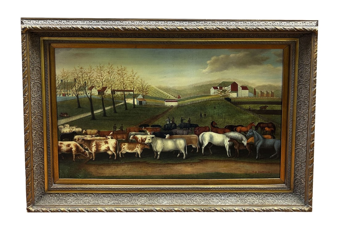 Vintage Signed Painting Oil on Canvas Folk Art: Vintage Signed Large Painting Oil on Canvas Folk Art After Edward Hicks "The Cornell Farm". In Beautiful Original Frame. Condition: Excellent. Dimensions: Sight: 36" x 24". Frame: 45" x 33". Provenanc