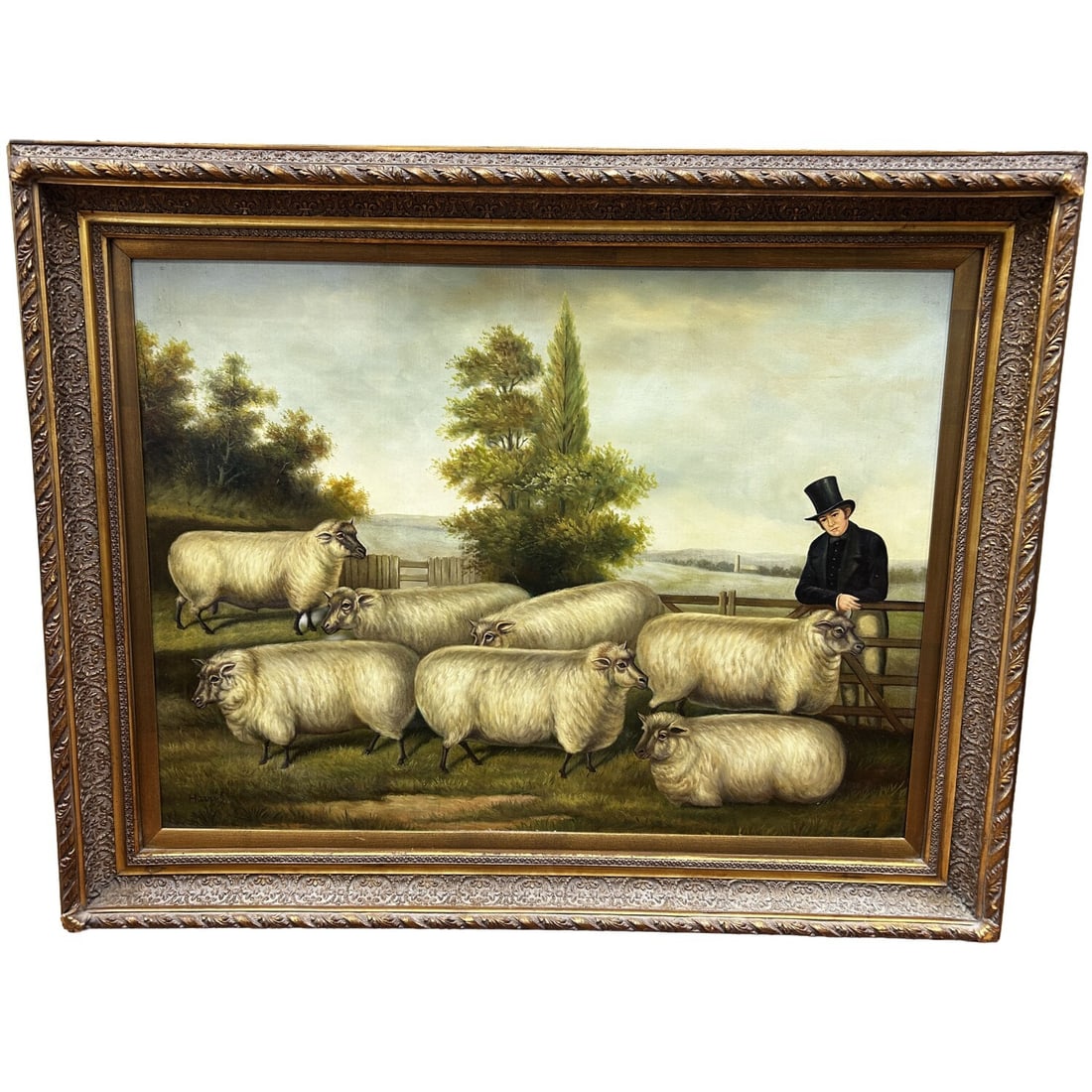 Vintage Signed Monumental Painting Oil on Canvas: Vintage Signed Monumental Painting Oil on Canvas Folk Art "Man With Sheep". In Beautiful Original Frame. Condition: Excellent. Dimensions: Sight: 40" x 30". Frame: 49" x 39". Provenance: From a Long I