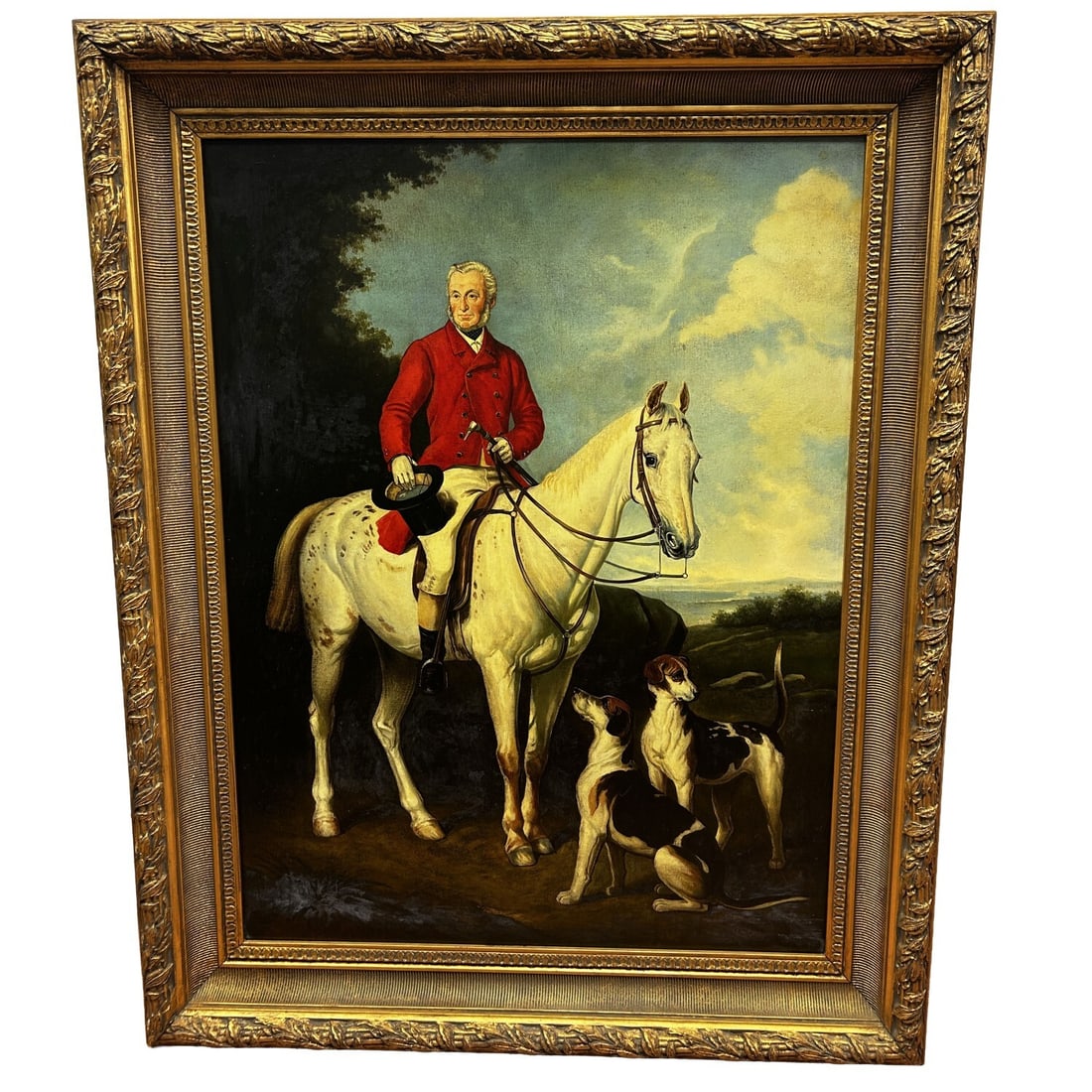 Vintage Signed Large Painting Oil on Canvas: Vintage Signed Large Painting Oil on Canvas "Jockey & Dogs". In Beautiful Original Frame. Circa 1970s. Condition: Excellent. Dimensions: Sight: 40" x 30". Frame: 49" x 38.5". Provenance: From a Long I