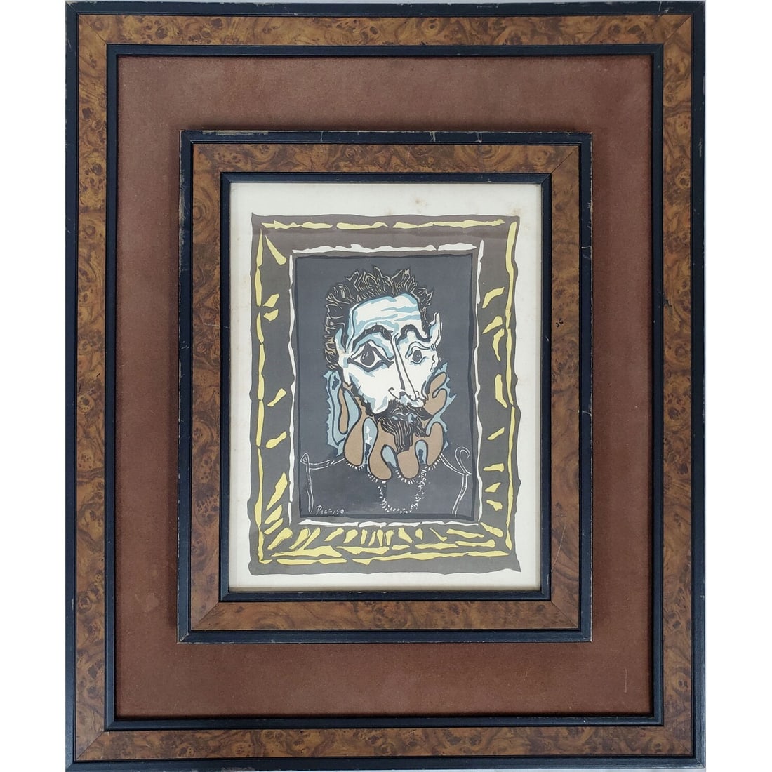 Pablo Picasso, Spanish (1881-1973) Linoleum Print: Pablo Picasso, Spanish (1881-1973) Linoleum Cut Print "L'Homme a la Fraise" (Man With a Ruff) Circa Early 1960s. Signed In The Plate. In Original Beautiful Frame Under Glass.Condition: Generally Good 