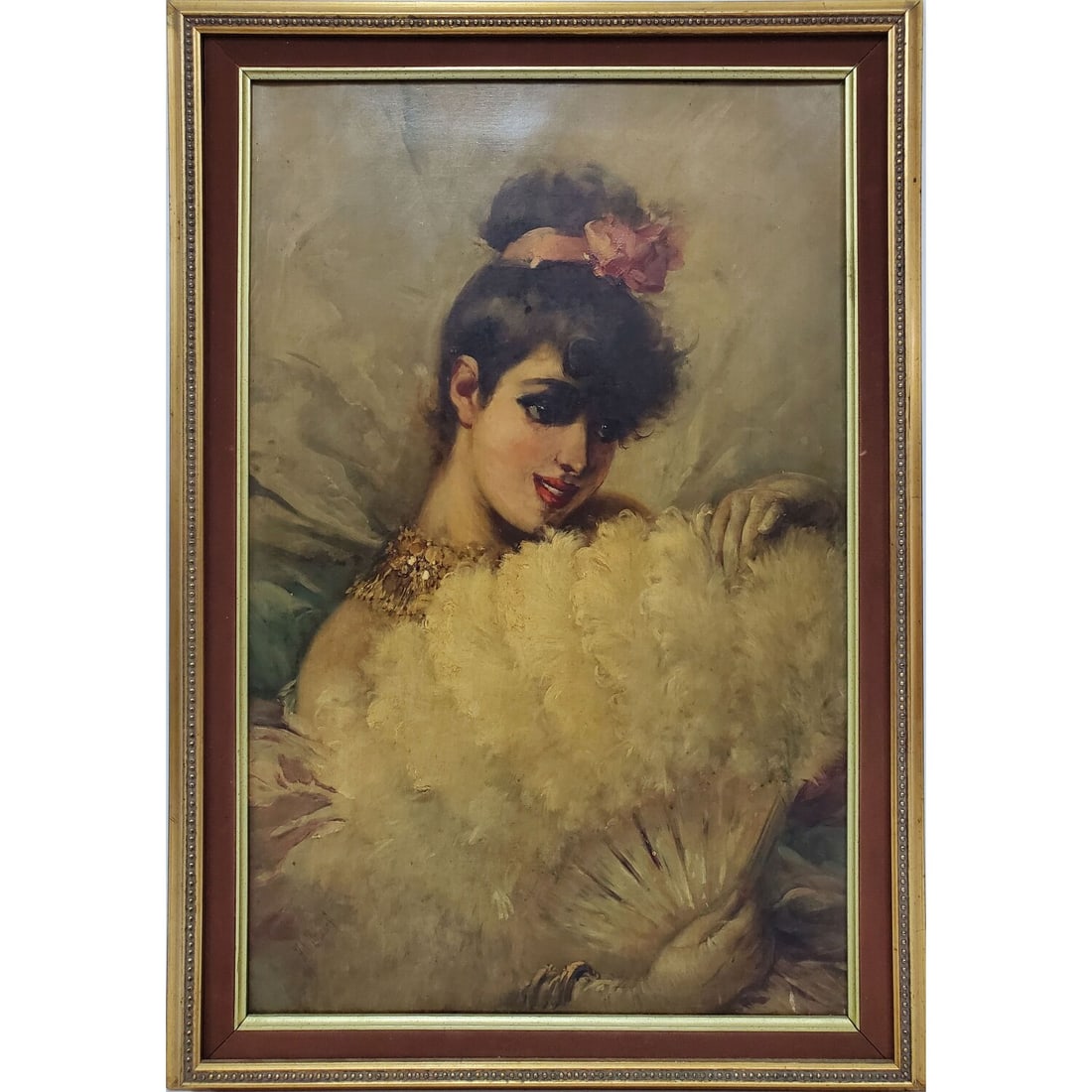 Signed Belle Epoque Painting Oil on Canvas: Signed Belle Epoque Painting Oil on Canvas "Woman With a Fan". Probably Belgium or Dutch. Beautifully Framed. Condition: Generally Very Good. Dimensions: Sight: 26" x 17.5". Frame: 30" x 21.75". Prove