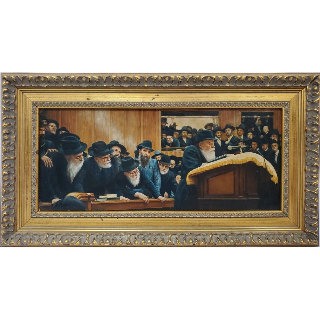 Judaica Signed Painting Oil on Board: Judaica Signed Painting Oil on Board Depicting a Chassidic Rebbe (Rabbi Menachem Mendel Schneerson) Speaking Behind a Podium In Front of His Followers. Signed Lower Left. In Beautiful Frame. Condition