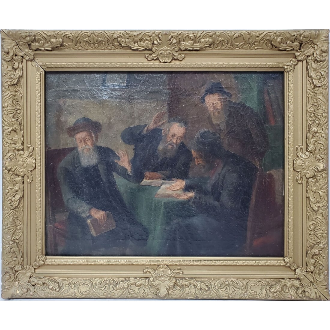 Judaica Antique Painting Oil on Canvas: Judaica Antique Painting Oil on Canvas "The Discussion". Appears to Be Unsigned. In Original Frame. Condition: Generally Good w/ Heavy Craquelure. Dimensions: Sight: 20" x 16". Frame: 25.5" x 21.5". P