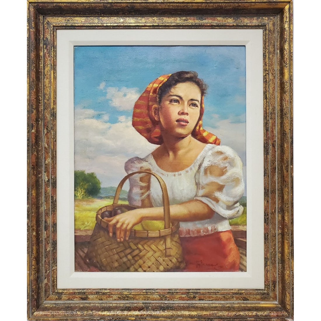 Vintage Signed Painting Oil on Canvas: Tony Valdvea, Philippines (Mid 20th C.) Vintage Signed Painting Oil on Canvas "Girl w/ a Basket" Signed "Tony Valdvea" on Lower Right & Dated 1961. In Original Frame. Condition: Generally Very Good. D