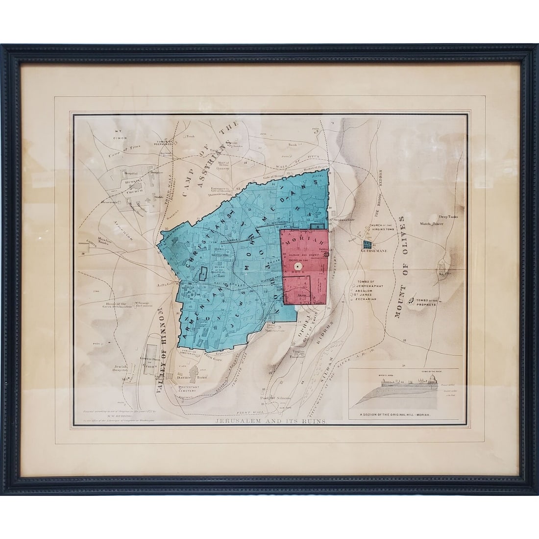 Antique Map "Jerusalem & Its Ruins" 1872: Antique Map "Jerusalem & Its Ruins" Published by M. Wolcott Redding Dated 1872. Framed Under Glass. Has Not Been Examined Out of Frame. Condition: Generally Very Good. Dimensions: Sight-19.75" x 15.5"