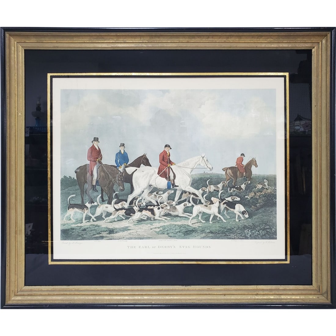 After James Barenger, English (1780-1831) Etching: After James Barenger II, English (1780-1831) Hand Colored Etching by Richard Woodman, British (1784-1859) "The Earl of Derby's Stag Hounds" Published in 1823. Framed Under Glass. Has Not Been Examined
