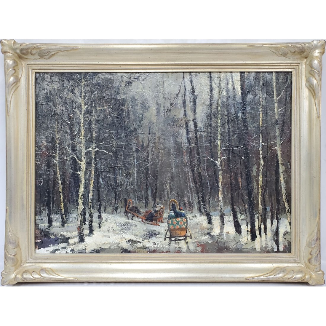 Signed Russian Painting Oil on Canvas: Signed Russian Painting Oil on Canvas "Horse-Drawn Sleds In a Snowy Forest". Signed On The Verso in Cyrillic. In Original Frame. Condition: Generally Very Good. Dimensions: Sight-27" x 19". Frame-33" 
