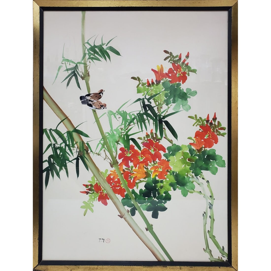 Vintage Signed Japanese Large Painting On Silk: Vintage Signed Japanese Large Painting Watercolor & Enamel On Silk Depicting Birds & Cherry Blossoms. Framed Under Glass. Has Not Been Examined Out of Frame. Condition: Excellent. Dimensions: Sight-39