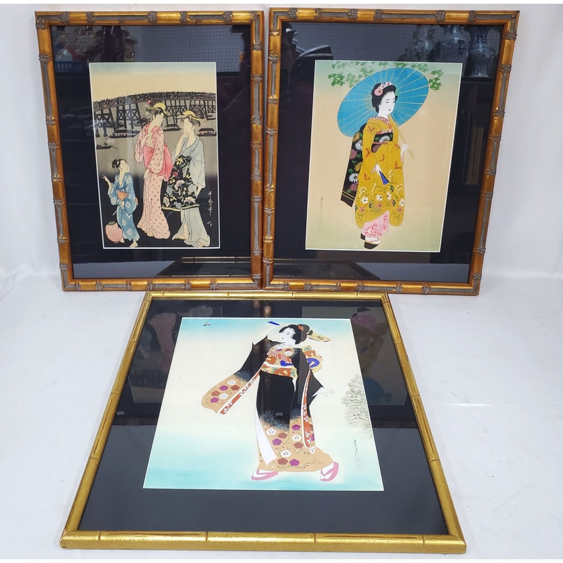 Lot of 3 Antique Japanese Works of Art: Lot of 3 Antique Japanese Works of Art Including 2 Signed Paintings on Silk Along w/ an Old Signed Woodblock Print. Condition: Generally Very Good. Dimensions: Largest-Sight-16" x 13". Frame-23" x 20"