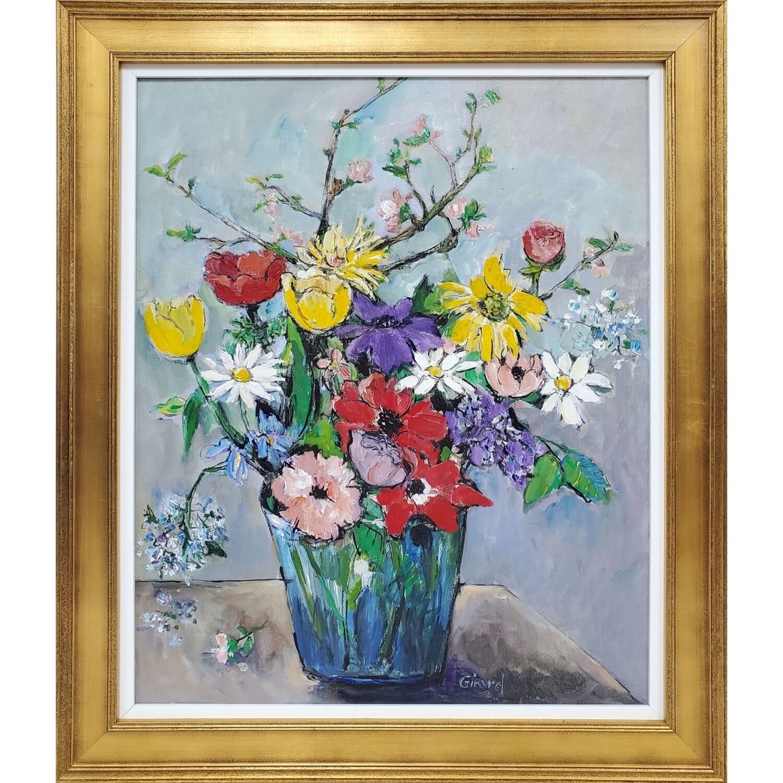Signed "Girard" Painting Oil on Canvas: Signed "Girard" Painting Oil on Canvas "Flowers in a Vase". Signed Lower Right. In Original Frame. Condition: Excellent. Dimensions: Sight-20" x 16". Frame-25" x 21". Provenance: From a Long Island, N